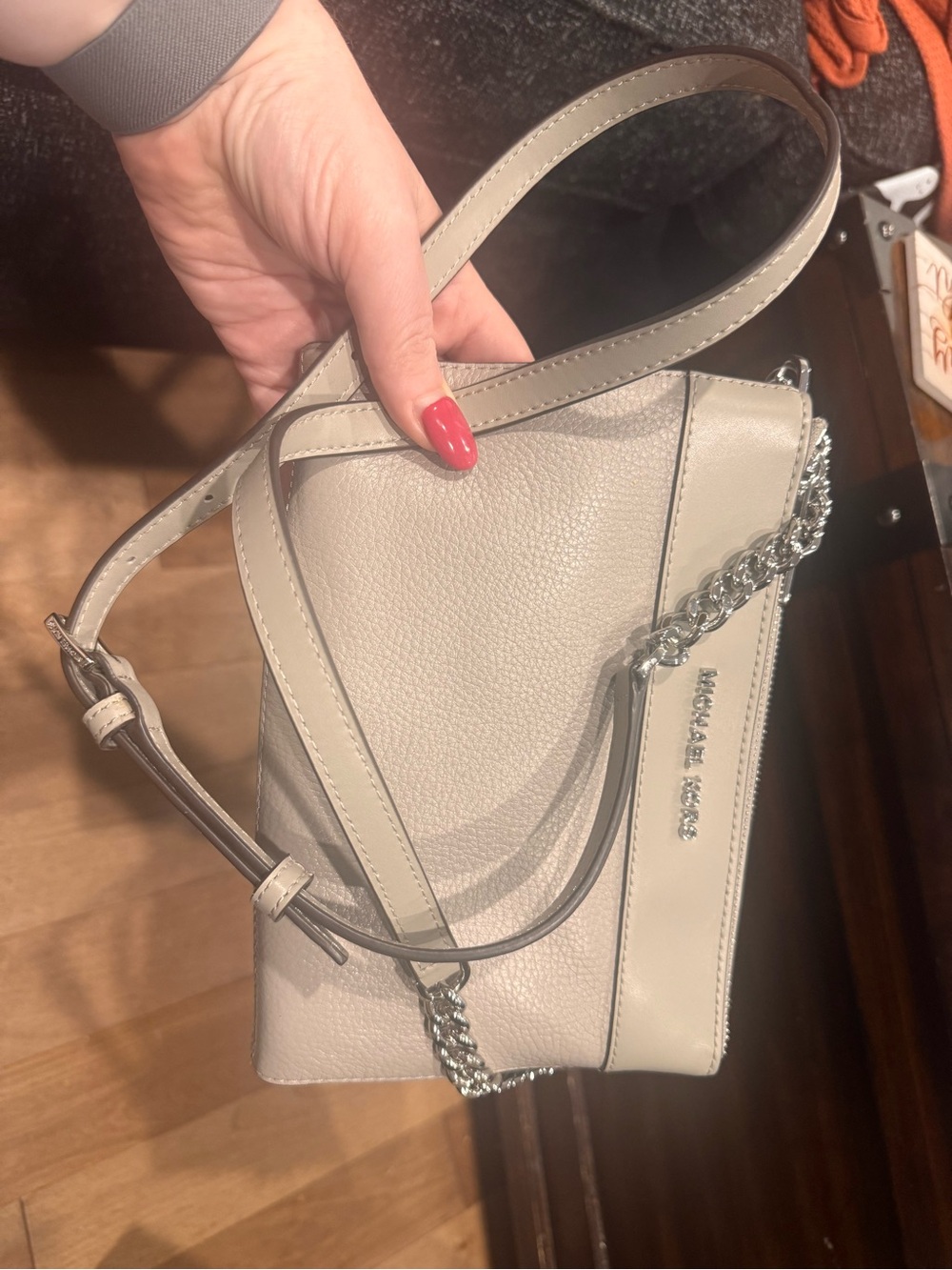 Michael Kors Double Zip Leather Crossbody in Pearl Grey with Silver Chain